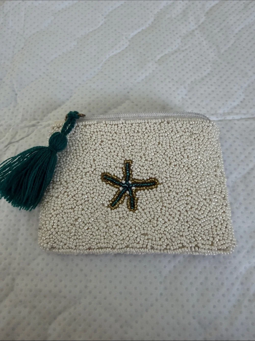 Beaded White Clutch with Teal Tassel and Coral Accents